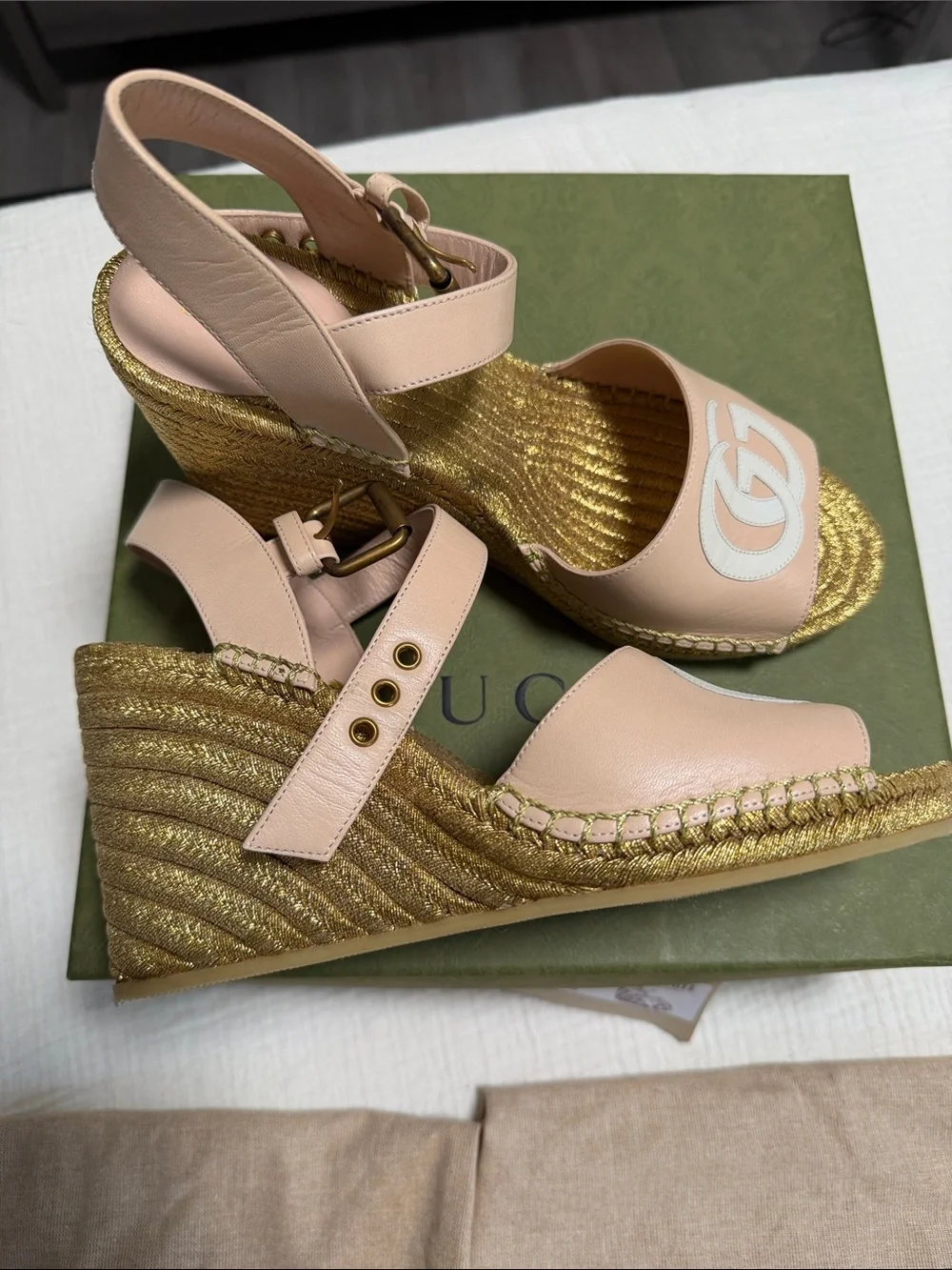 Gucci Pink Leather GG Espadrille Wedge Sandals with Gold Rope Platform